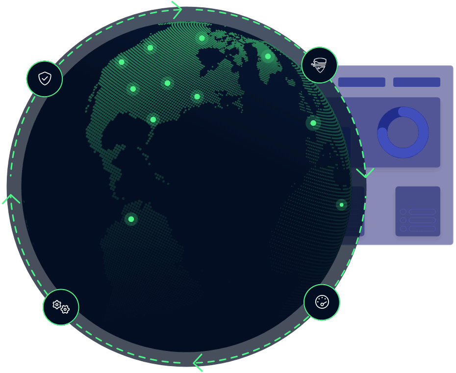 Digital globe with data icons around it and a platform on the side