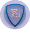 Blue shield with a yellow hourglass and clock icon in the middle