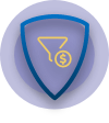 Blue shield with a yellow funnel and currency icon in the middle